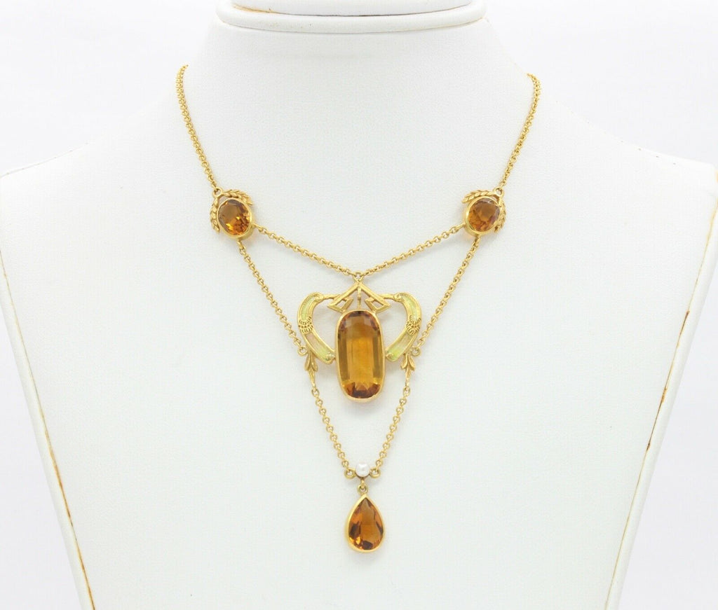 Art Nouveau 14K Yellow Gold Citrine Pearl Enamel Pendant Necklace