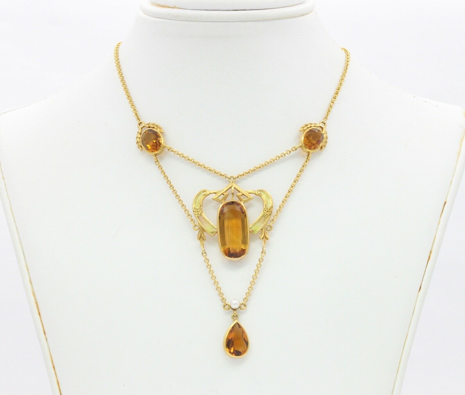 Art Nouveau 14K Yellow Gold Citrine Pearl Enamel Pendant Necklace