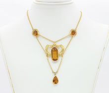 Load image into Gallery viewer, Art Nouveau 14K Yellow Gold Citrine Pearl Enamel Pendant Necklace
