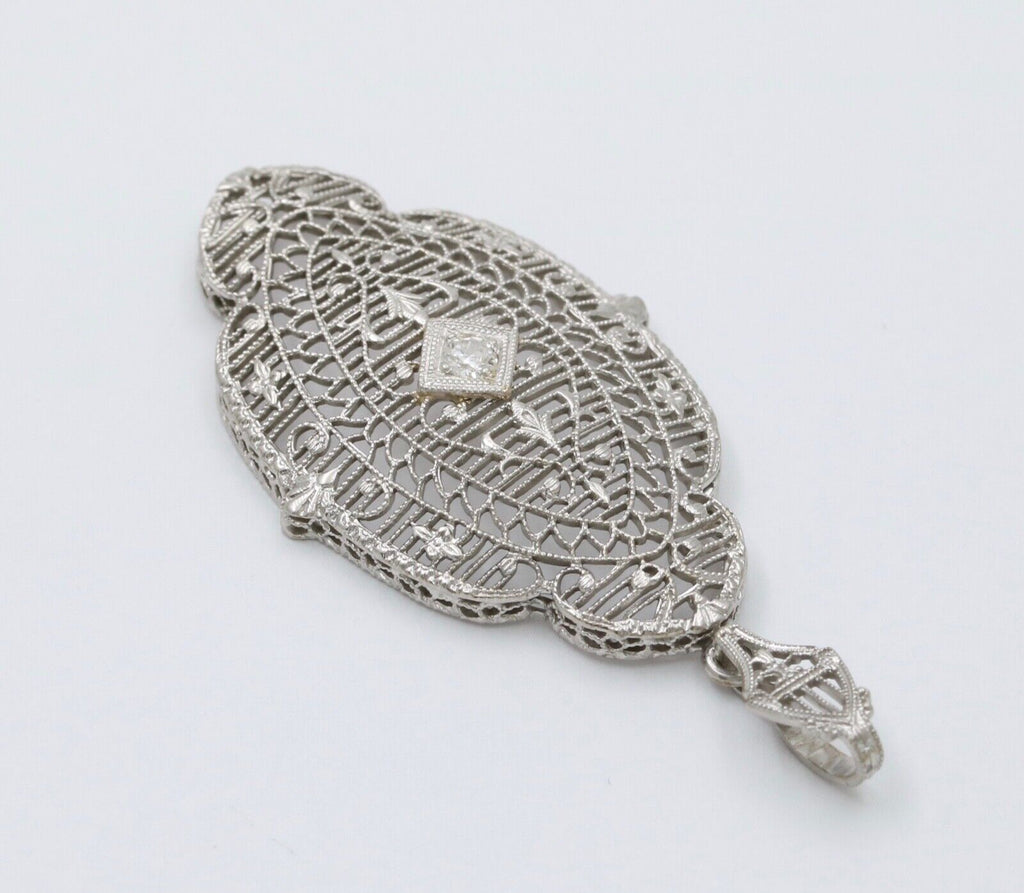 Art Deco 14K White Gold Filigree Diamond Pendant Necklace