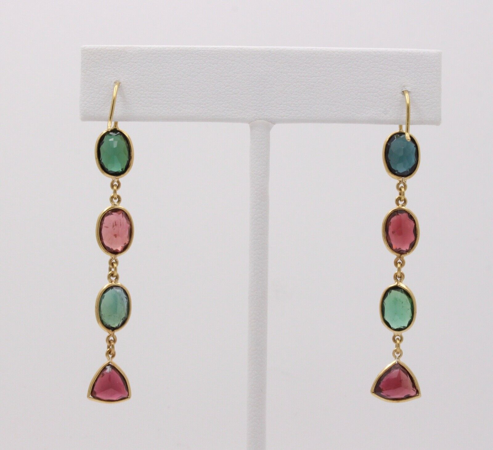 Vintage Pink Green Tourmaline 18K Yellow Gold Dangle Earrings
