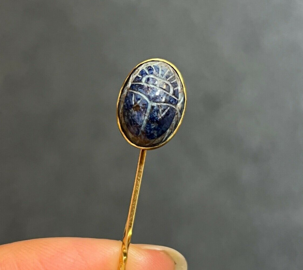 Antique 14K Yellow Gold Egyptian Revival Scarab Sodalite Stick Pin, Lapel Pin