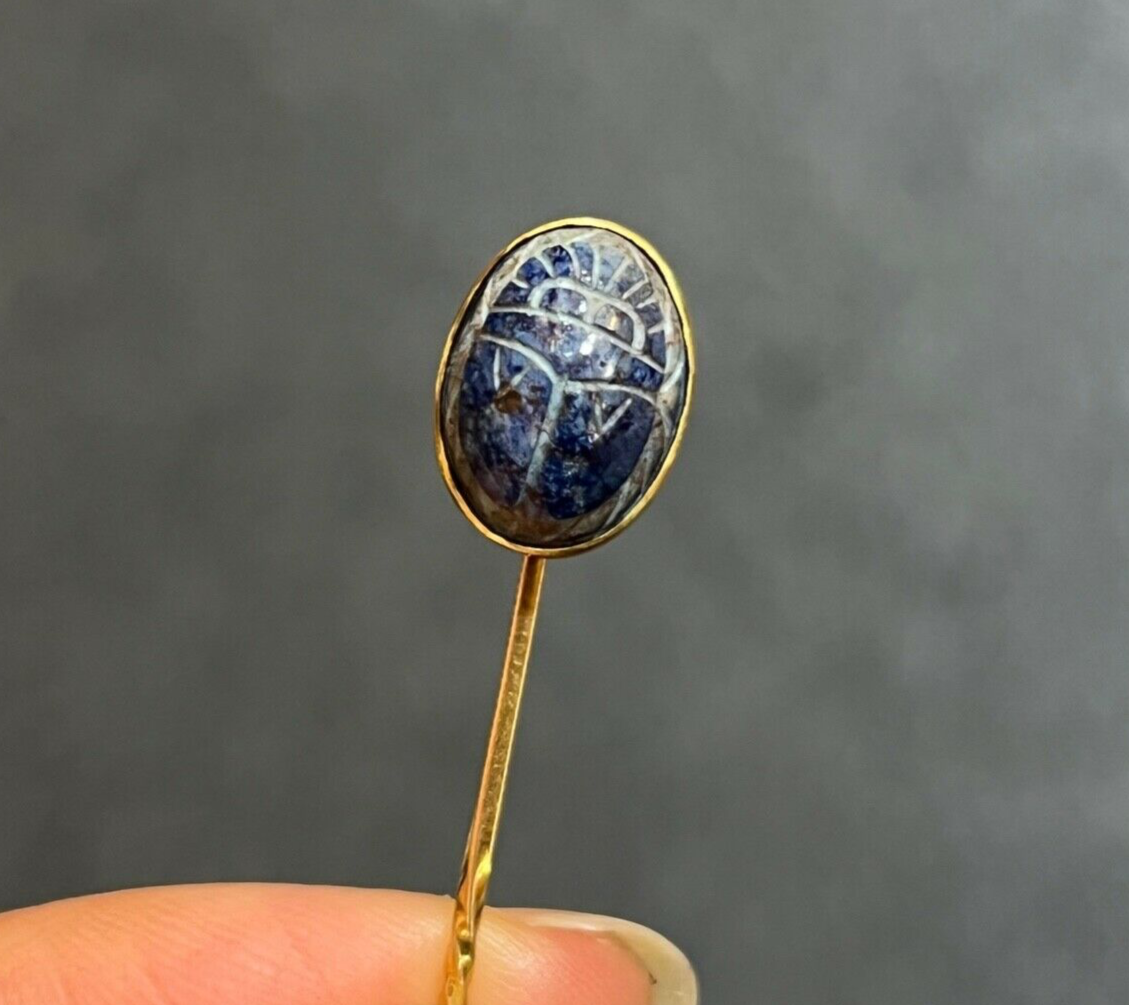 Antique 14K Yellow Gold Egyptian Revival Scarab Sodalite Stick Pin, Lapel Pin