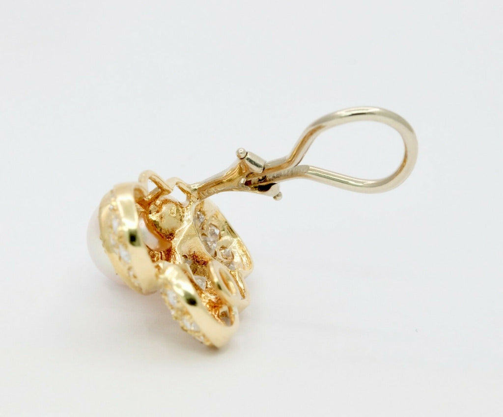 Vintage 14K Yellow Gold 9mm Akoya Pearl Diamond Clip on Earrings