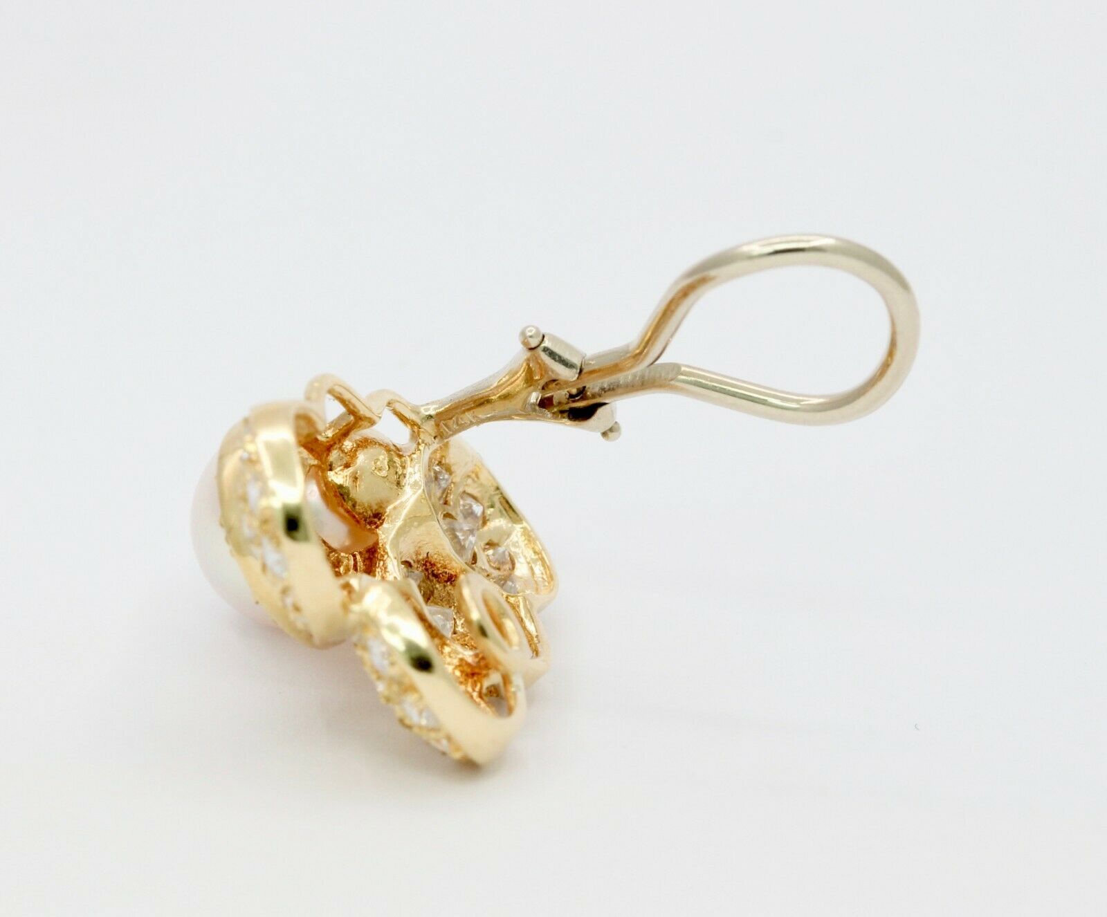 Vintage 14K Yellow Gold 9mm Akoya Pearl Diamond Clip on Earrings