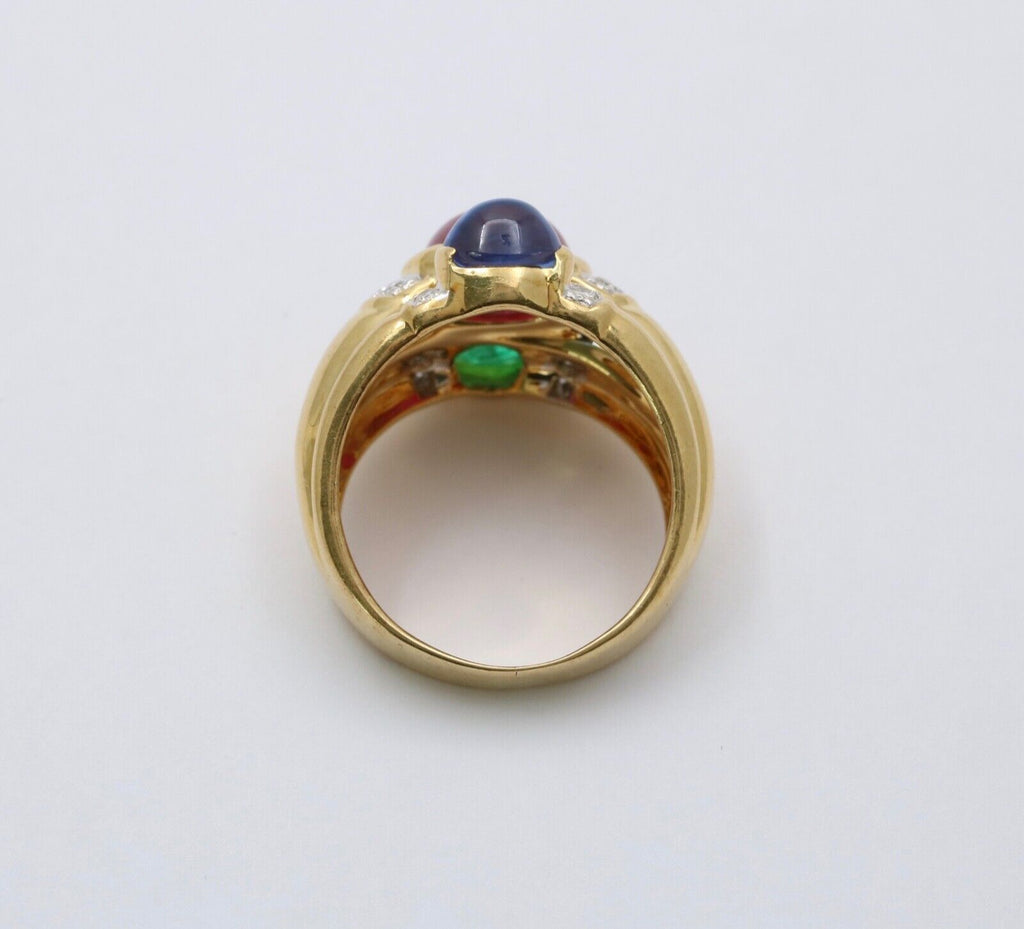 Funky Vintage 18K Yellow Gold Cabochon Ruby, Sapphire & Emerald Ring, Estate Rin