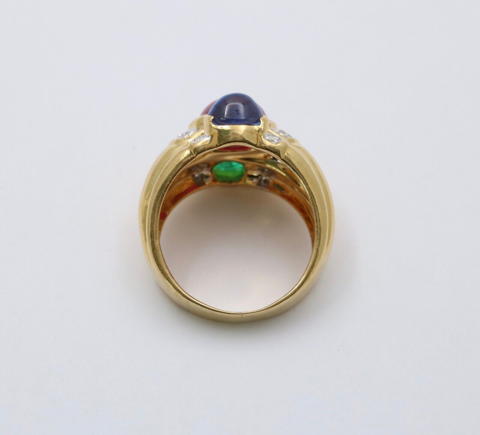 Funky Vintage 18K Yellow Gold Cabochon Ruby, Sapphire & Emerald Ring, Estate Rin