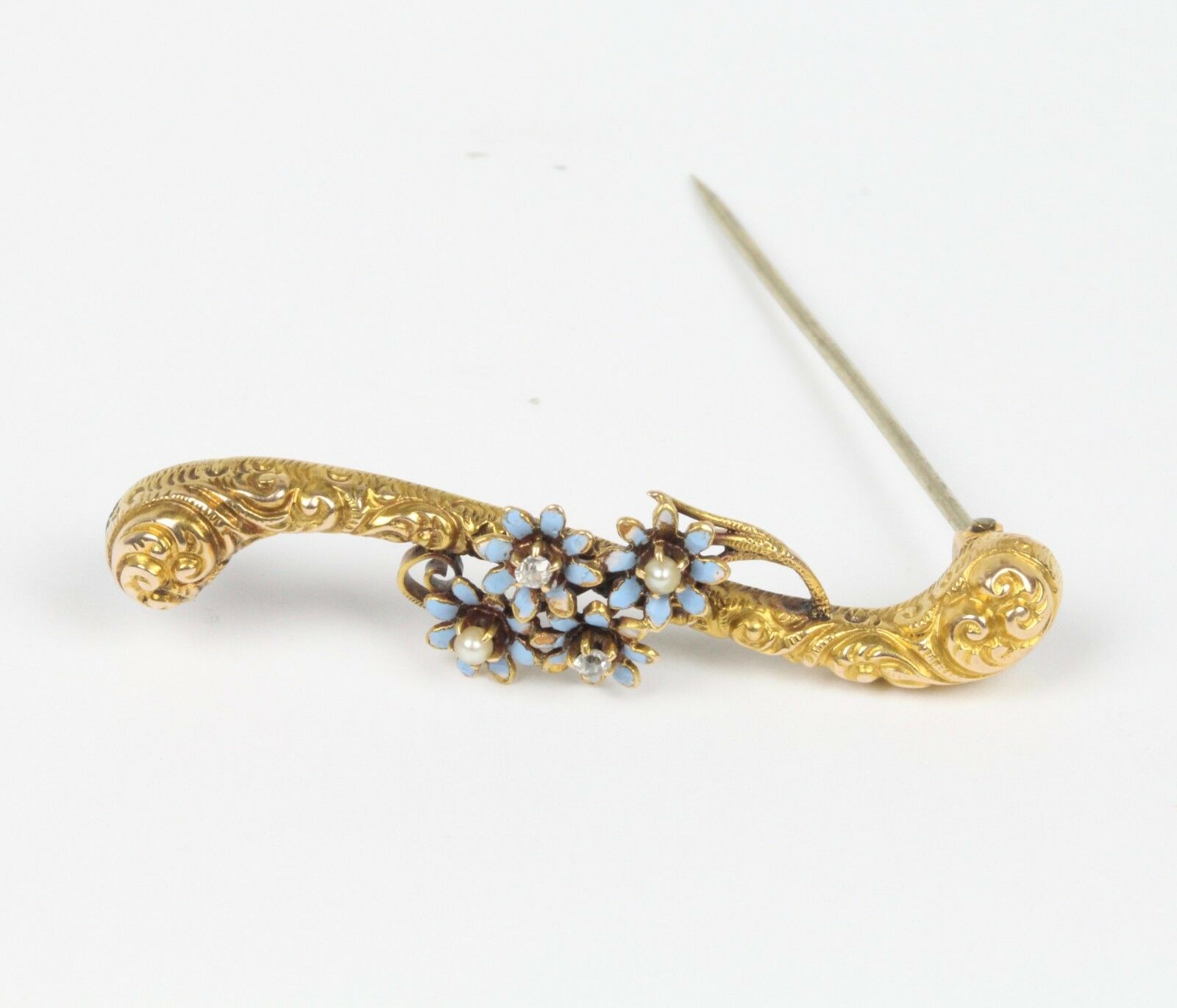 Victorian 14K Yellow Gold Enamel Forget Me Not Floral Brooch