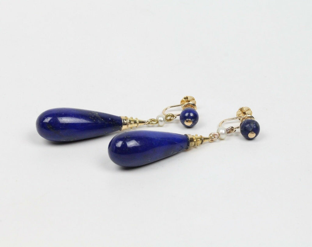 Vintage 14K Yellow Gold Lapis Lazuli Tear Drop Earrings