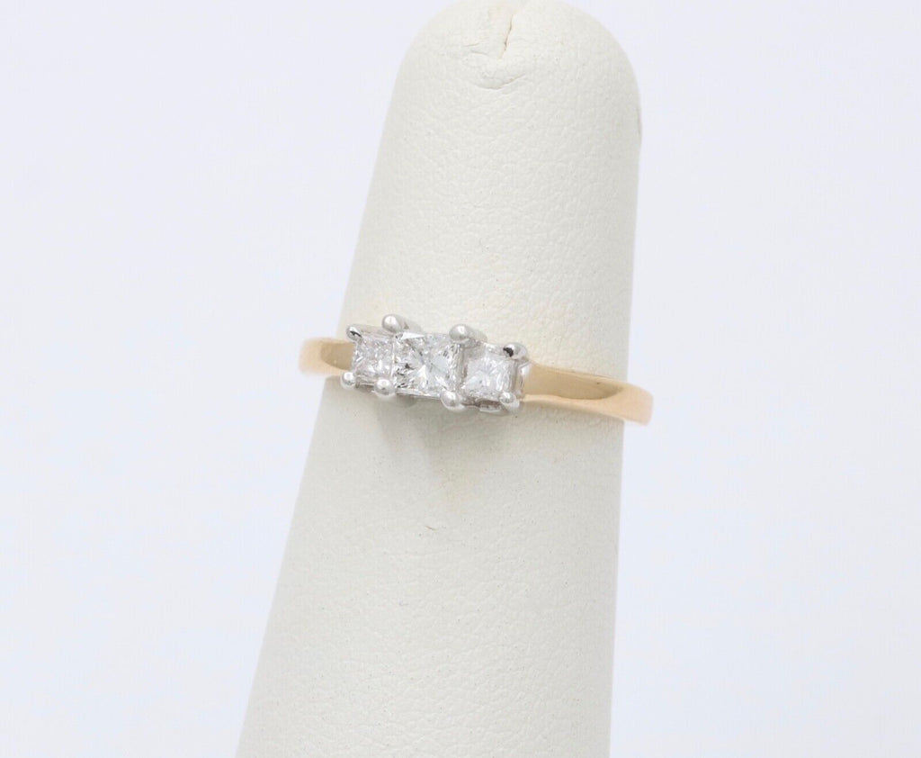 Vintage 14K Gold & Platinum Princess Cut Three Stone Diamonds Engagement Ring, R