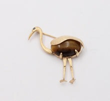 Load image into Gallery viewer, Vintage 14K Yellow Gold Tiger Eye Crane Bird Brooch, Estate Pin.
