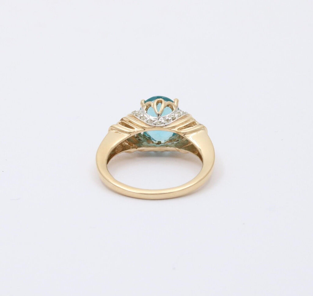 Vintage Blue Zircon And Diamond 14K Yellow Gold Ring Band, Engagement Ring