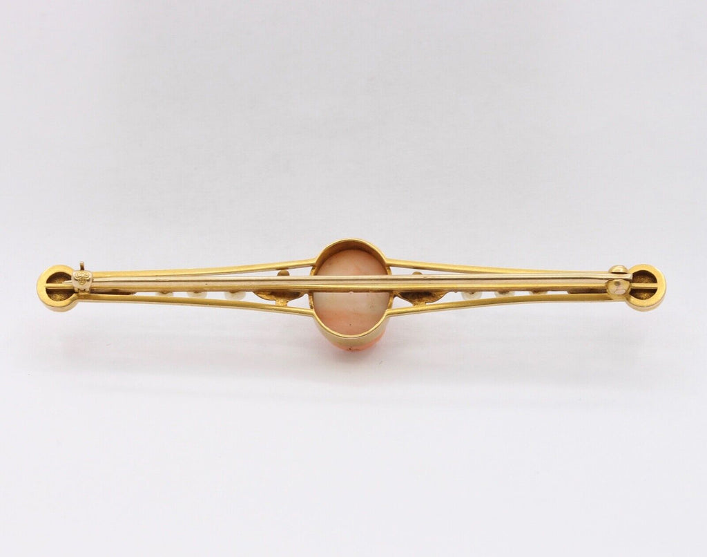 Antique Ladies 14K Yellow Gold Carved Coral Pearls Brooch Pin