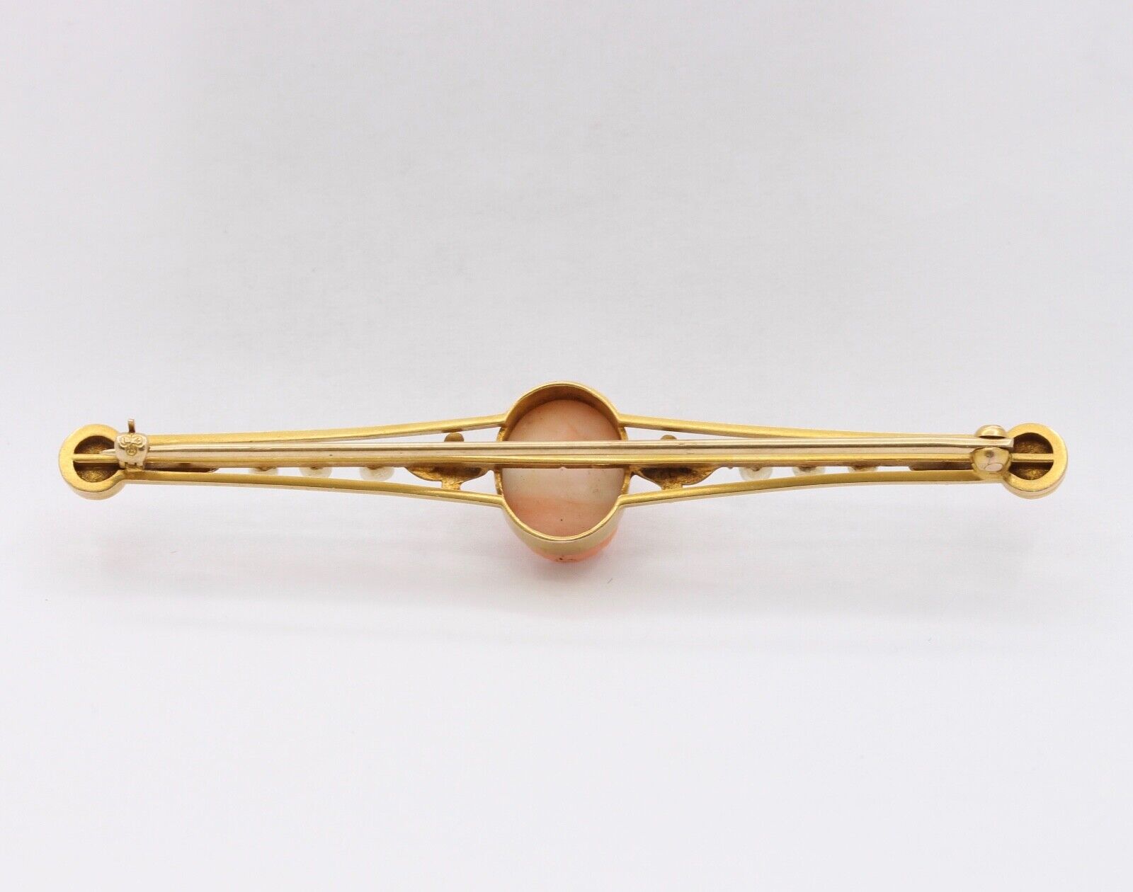 Antique Ladies 14K Yellow Gold Carved Coral Pearls Brooch Pin