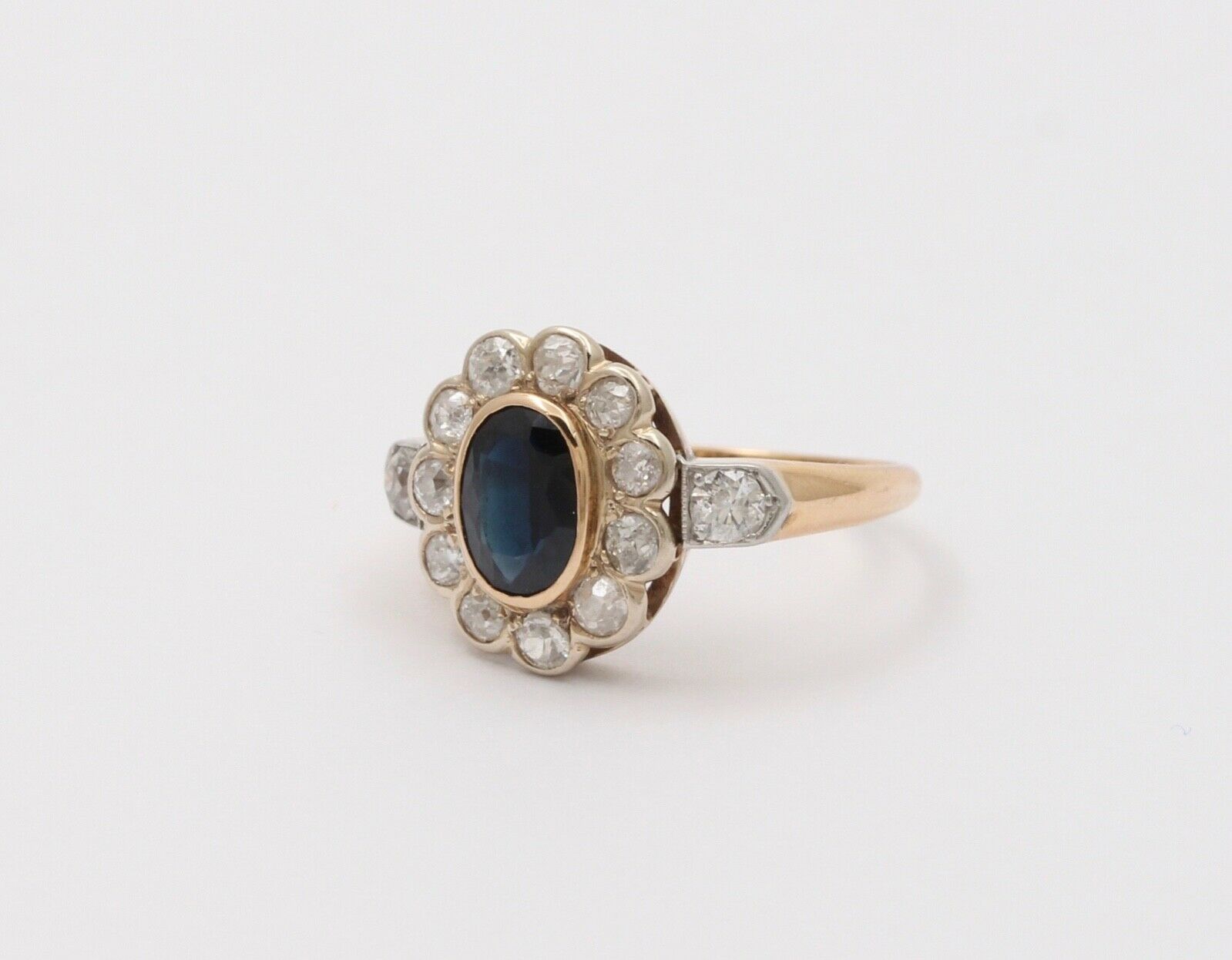 Art Deco Blue Sapphire Single Cut Diamonds 14K Yellow White Gold Ring