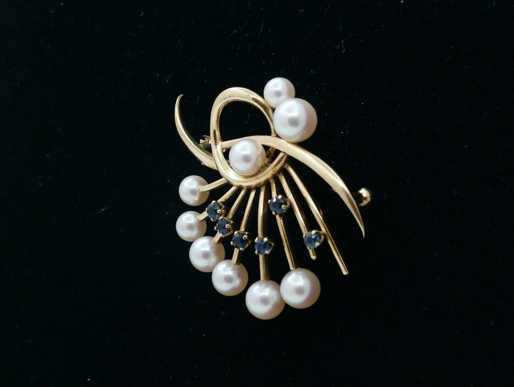 Mikimoto 14K Yellow Gold Sapphires Pearls Brooch Pin