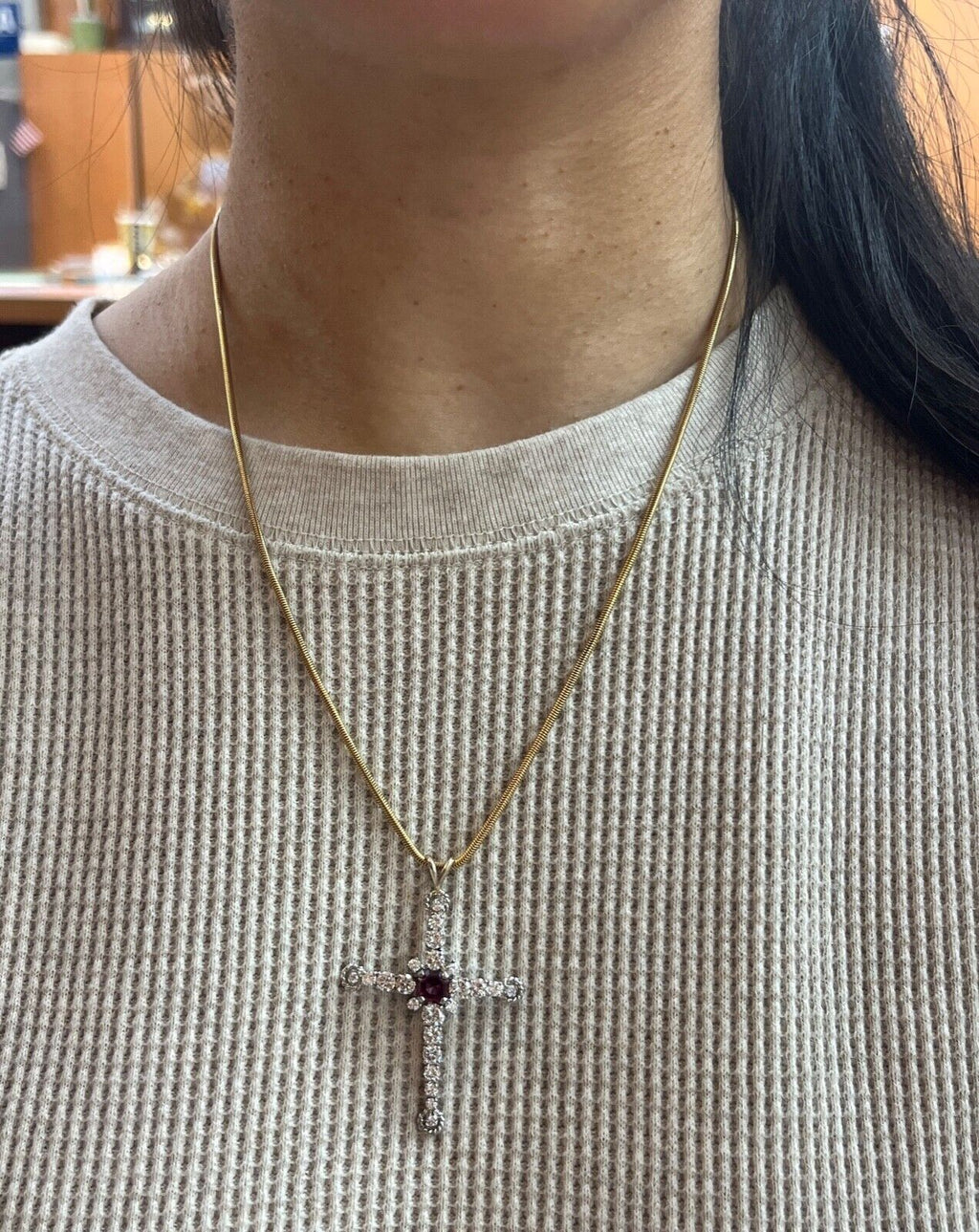 Vintage 10K White Gold Diamond & Rhodolite Garnet Cross Pendant Necklace