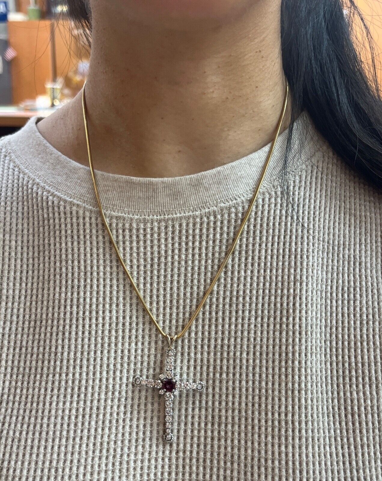Vintage 10K White Gold Diamond & Rhodolite Garnet Cross Pendant Necklace