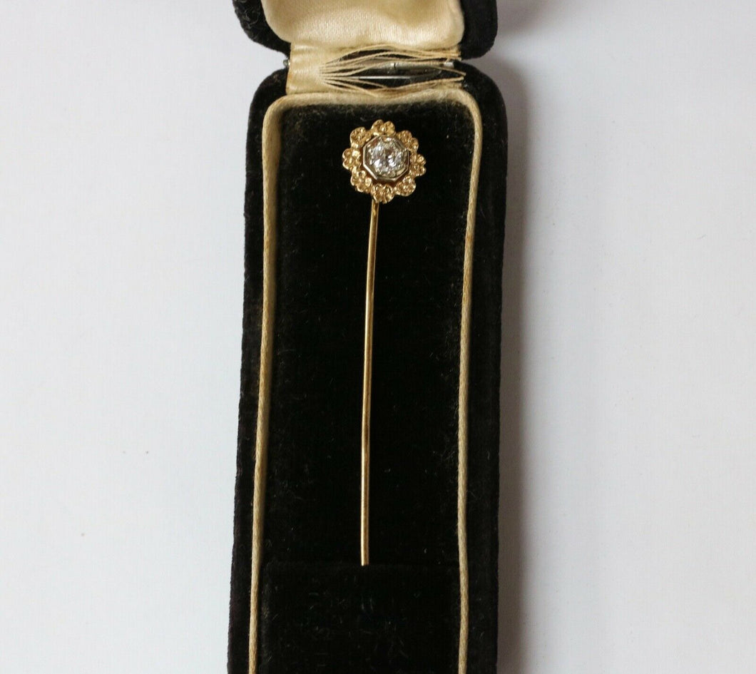 Art Deco Diamond Flowers 14K Yellow White Gold Stick Pin