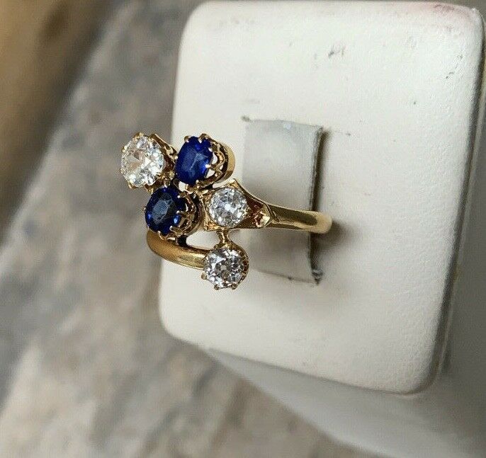 Vintage 18K Gold Chunky Old Mine Cut Diamond & Sapphire Snake Wrap Bypass Ring.
