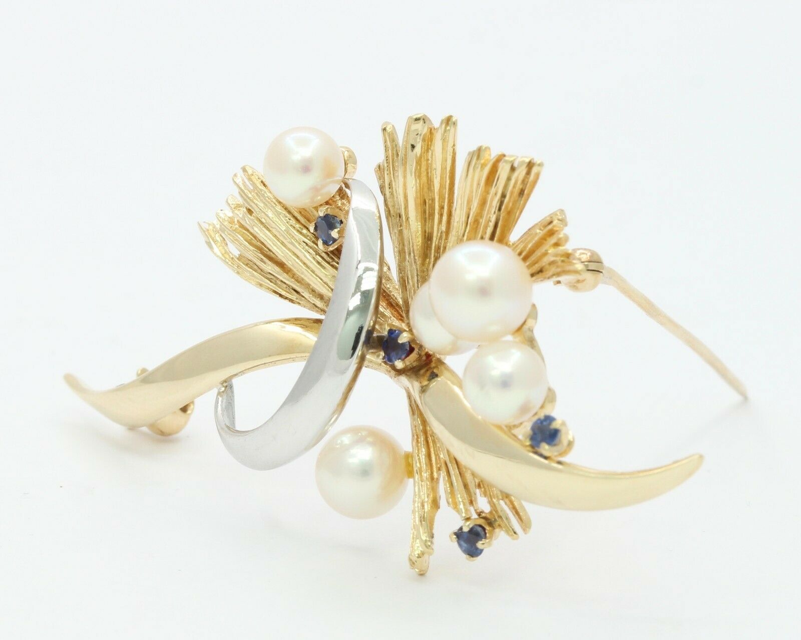 Vintage 14K Yellow Gold Mikimoto Pearl & Sapphire Brooch
