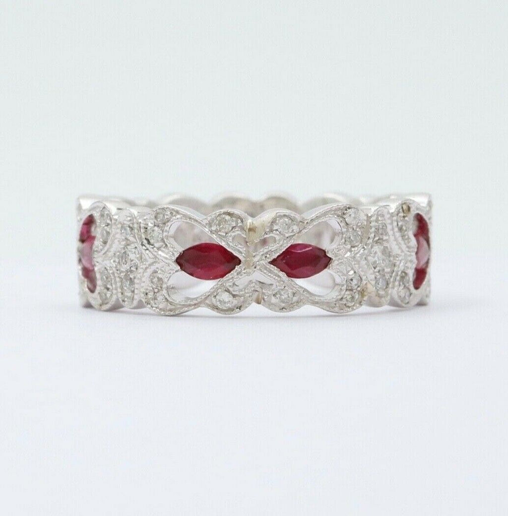 Vintage 18K White Gold Ruby & Diamond Half Eternity Heart Band Ring