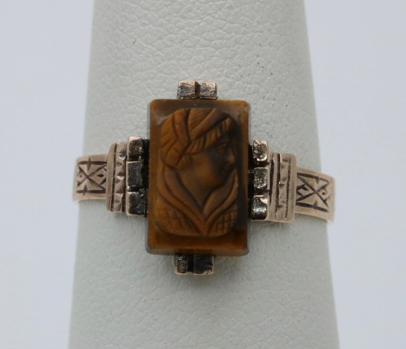 Antique 10K Rose Gold Carved Tiger's Eye Ring