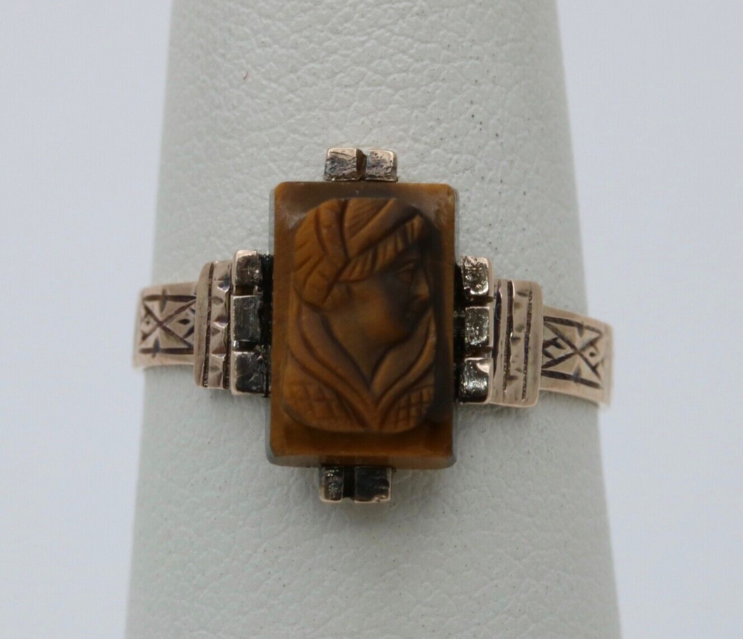 Antique 10K Rose Gold Carved Tiger Eye Ring.