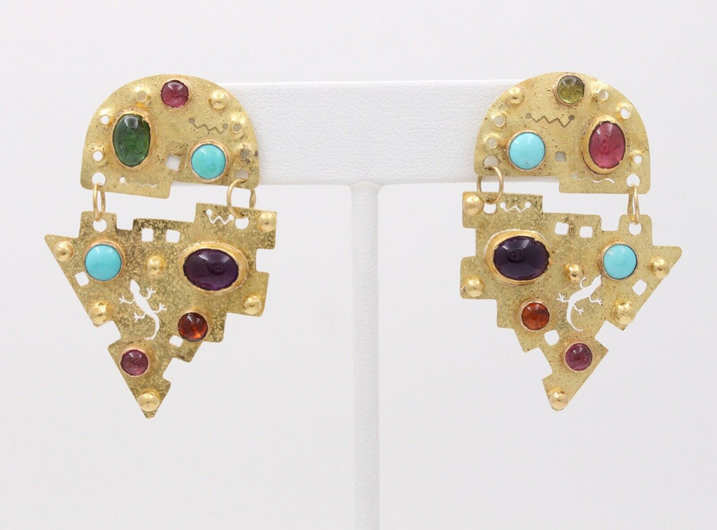 Vintage Multi Stone 18K Yellow Gold Earrings Arizona Mexican