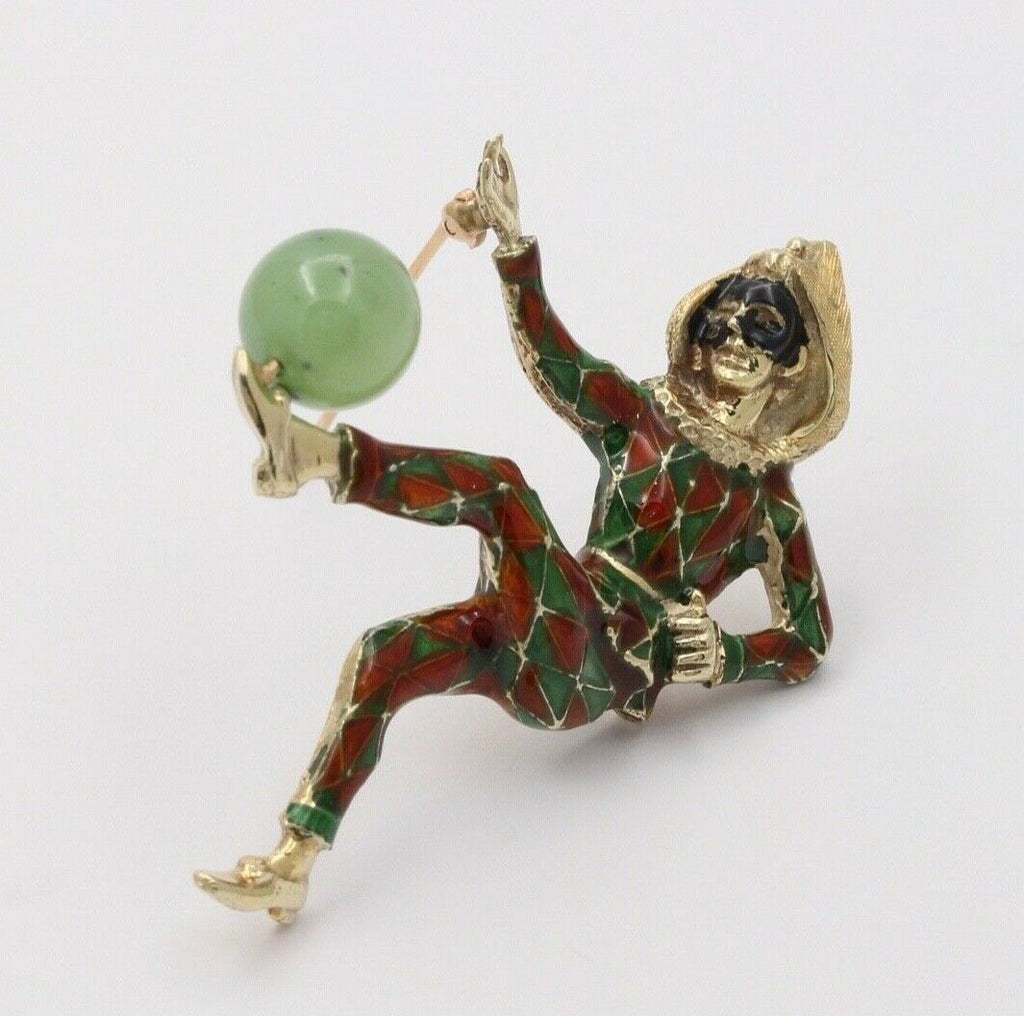 Vintage Unique Enamel Jester With Chrysoprase Ball Brooch, Pin.