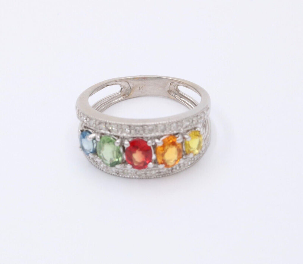 Fun Multi GemStones 14K White Gold Diamond Ring