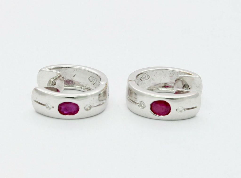 Cute 18K White Gold Natural Ruby Diamond Huggie Earrings