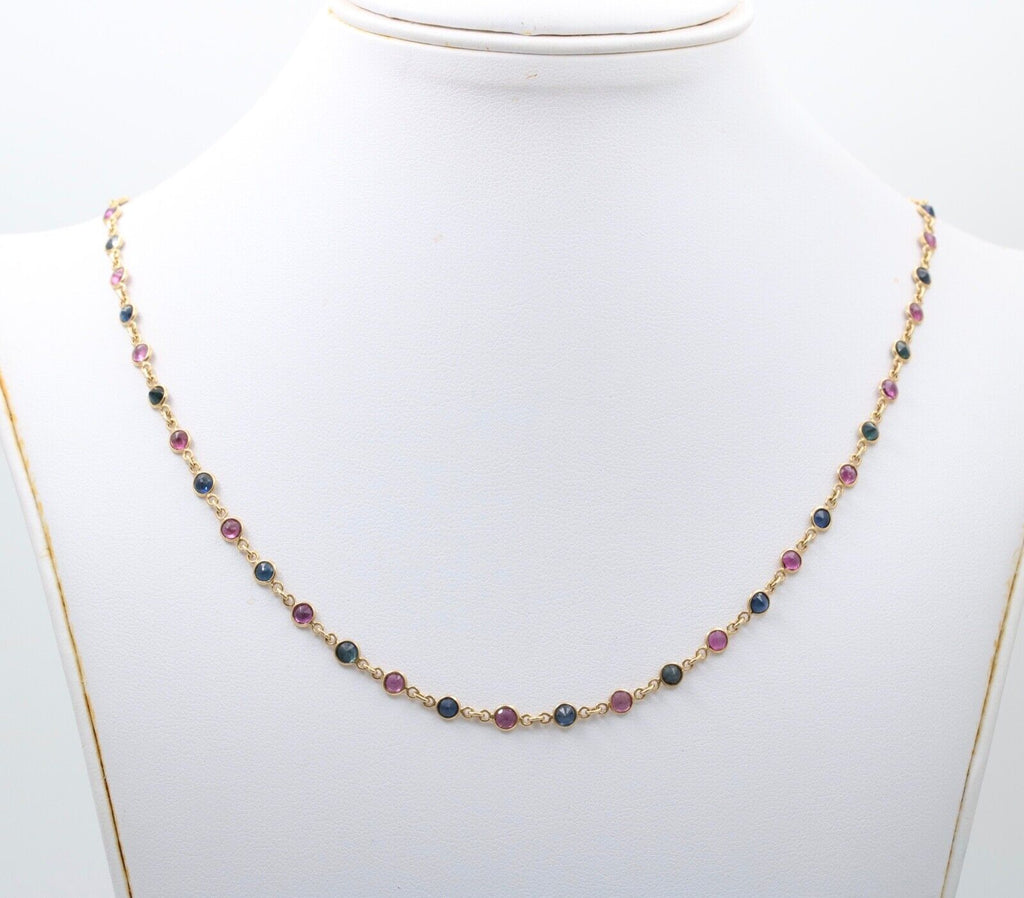 Vintage 14K Yellow Gold Ruby And Sapphire By The Yard Necklace. Station Necklace