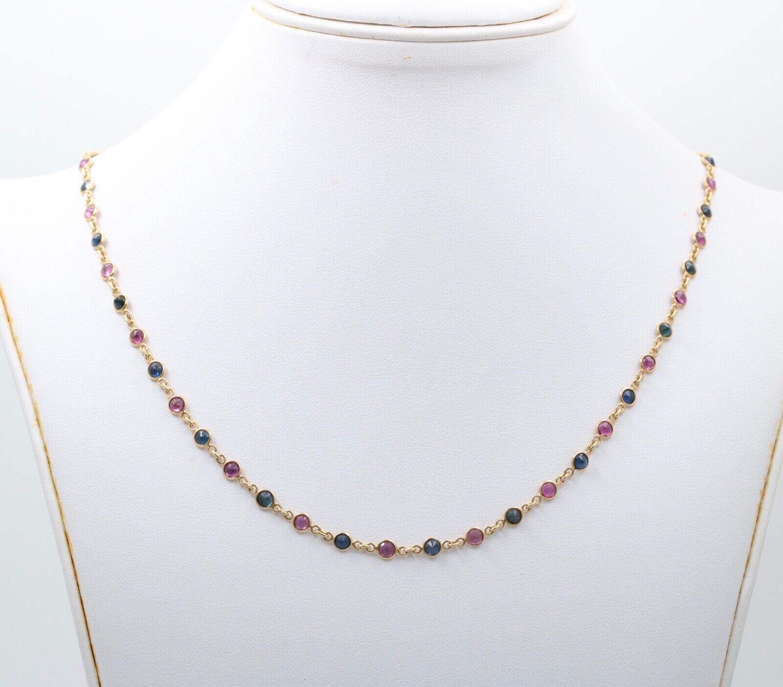 Vintage 14K Yellow Gold Ruby And Sapphire By The Yard Necklace. Station Necklace