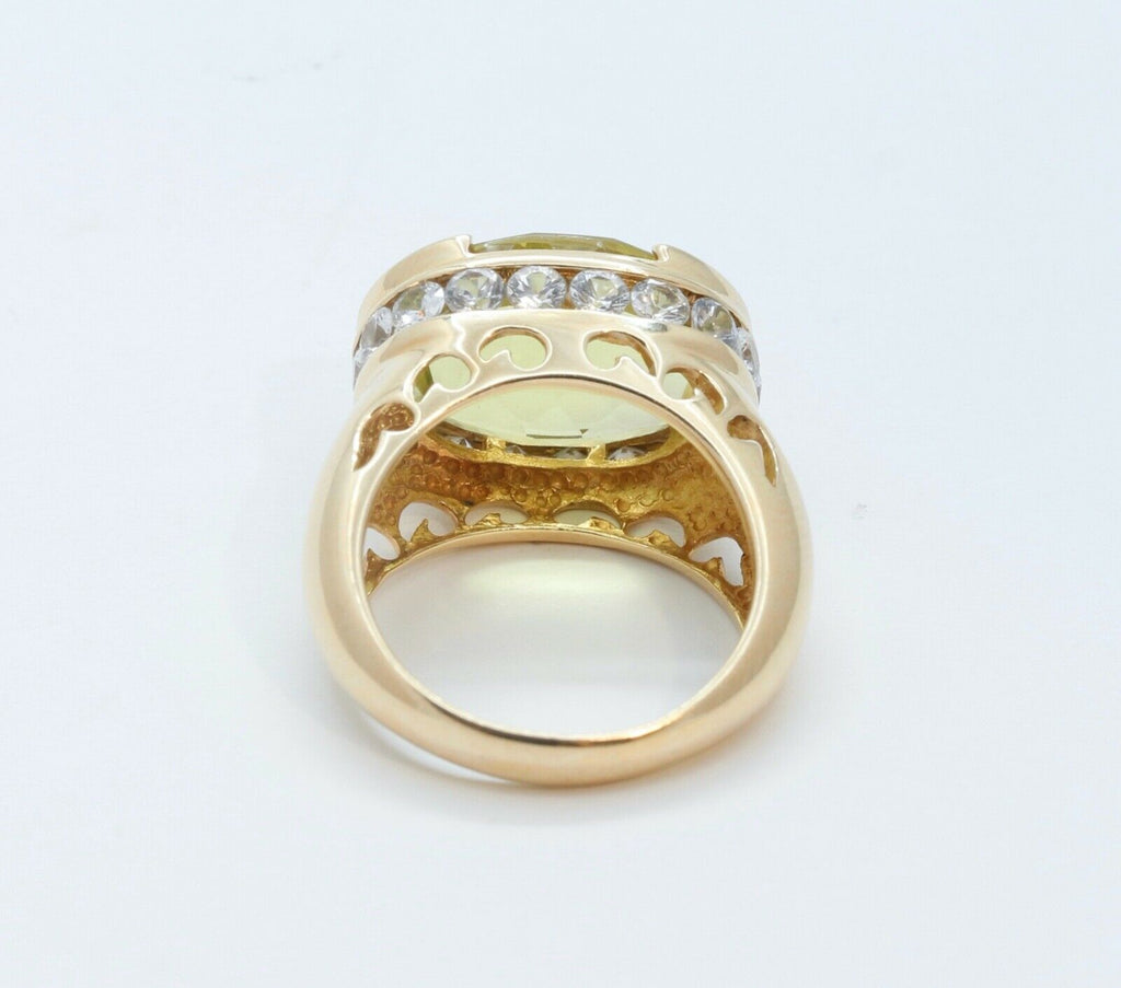 Large Statement Ladies Lemon Green Quartz Diamonds 14K Yellow Gold Ring