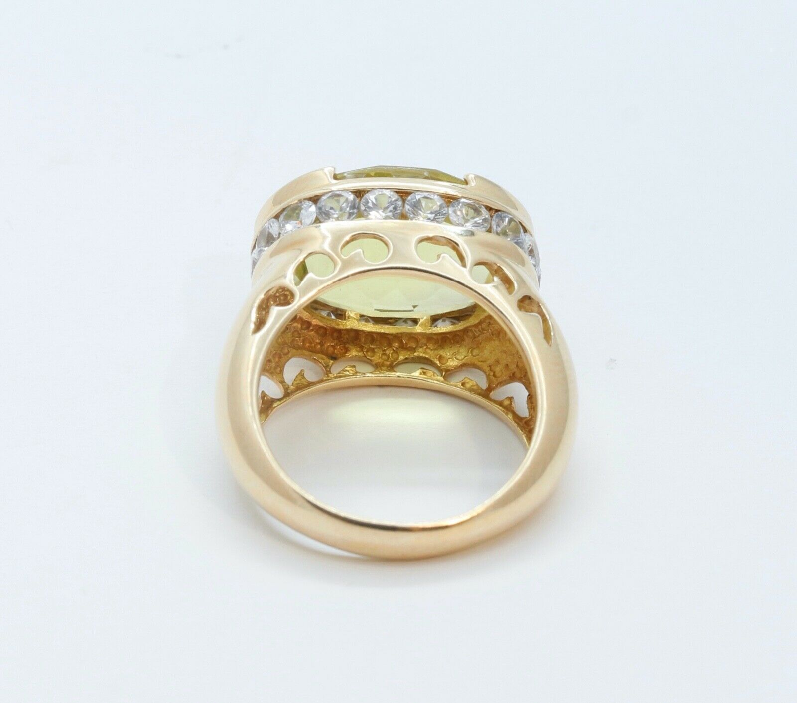 Large Statement Ladies Lemon Green Quartz Diamonds 14K Yellow Gold Ring