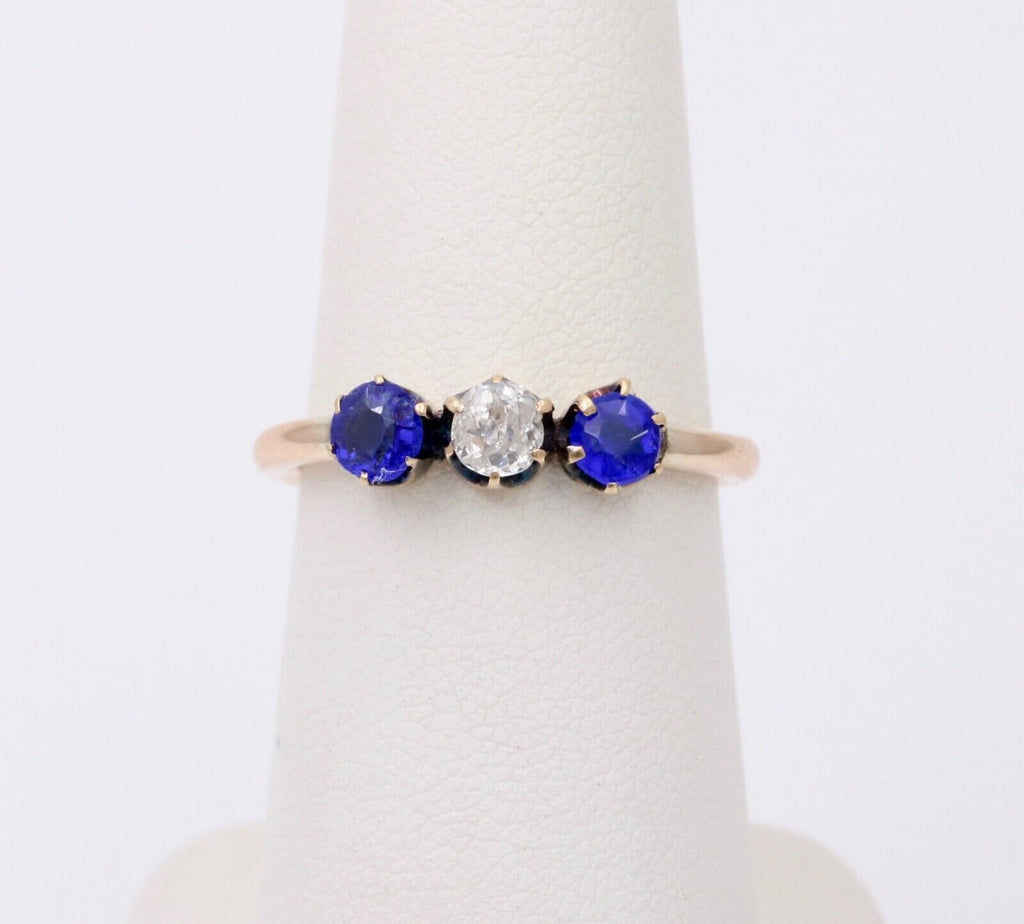 Victorian Old European Diamond Synthetic Sapphires 10K Yellow Gold Ring