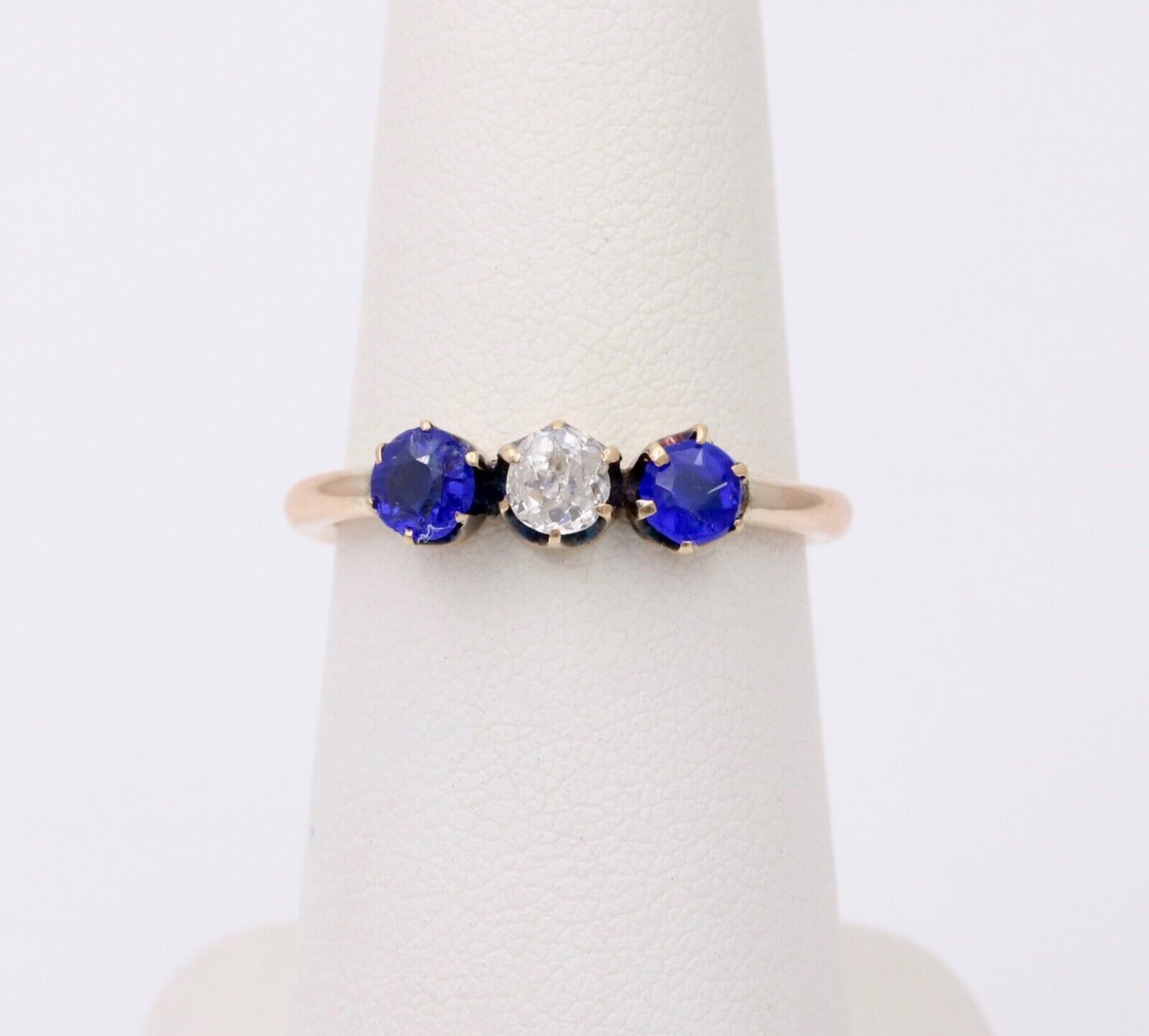 Victorian Old European Diamond Synthetic Sapphires 10K Yellow Gold Ring