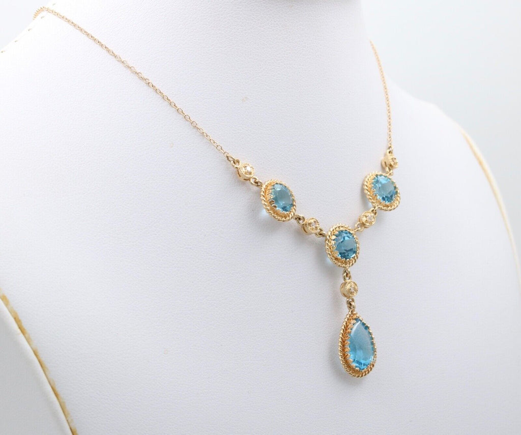 Vintage 14K Yellow Gold Teardrop Blue Zircon Festoon Necklace. Negligee Necklace