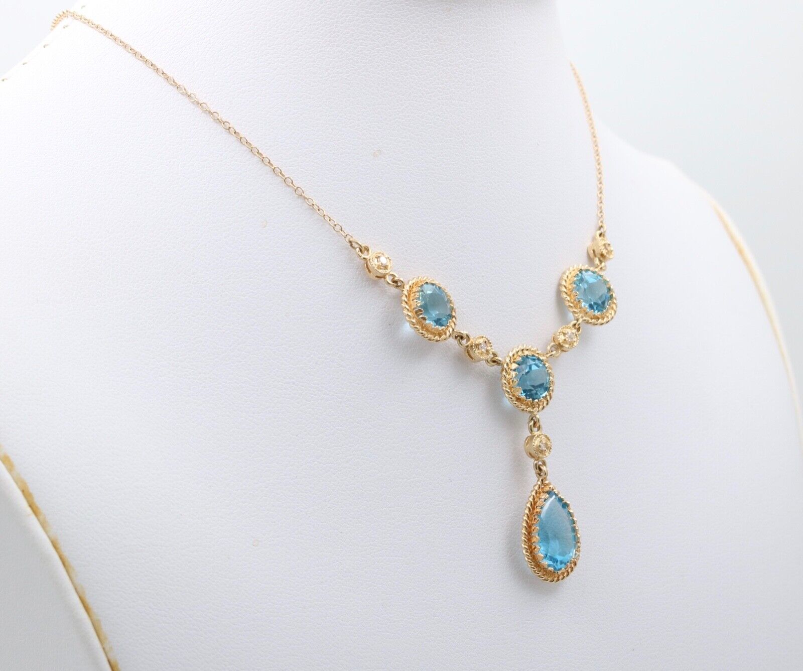 Vintage 14K Yellow Gold Teardrop Blue Zircon Festoon Necklace. Negligee Necklace