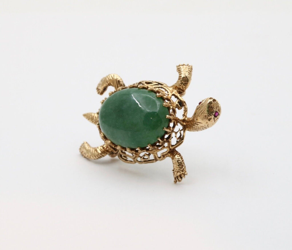 Vintage 14K Gold Turtle Jadi Jade Brooch Pin.
