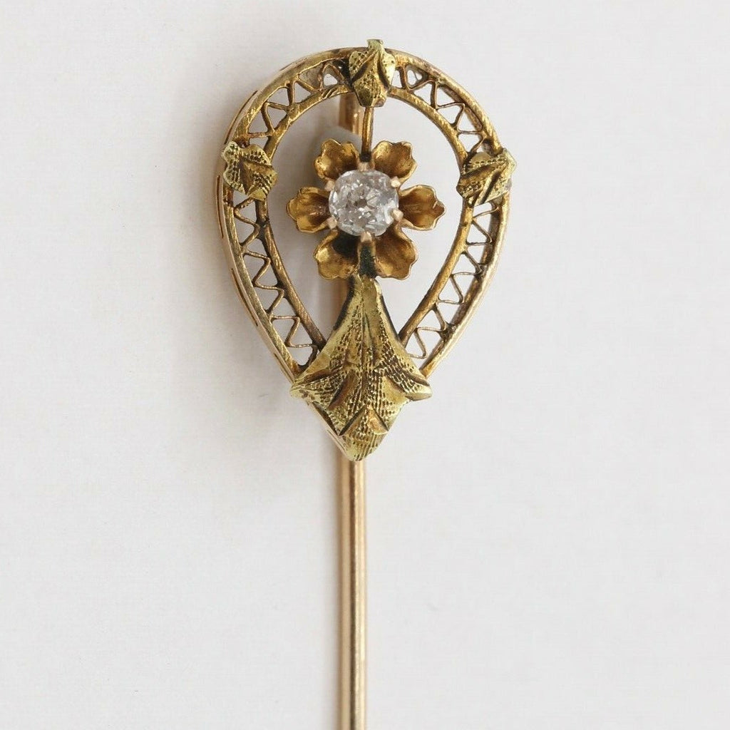 Victorian 14K Yellow Gold Diamond Floral Stick Pin