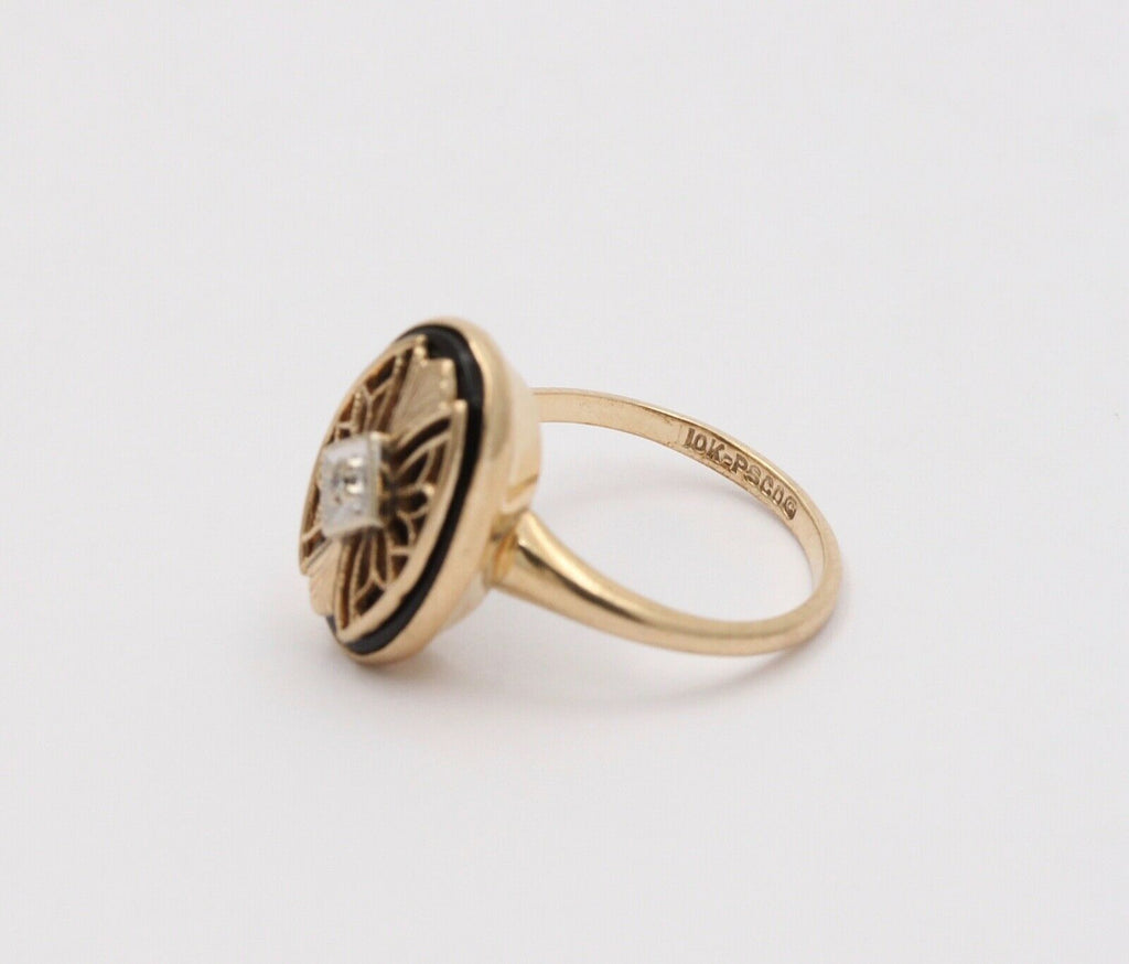 Art Deco PSCO Diamond Onyx 10K Yellow white Gold Ring