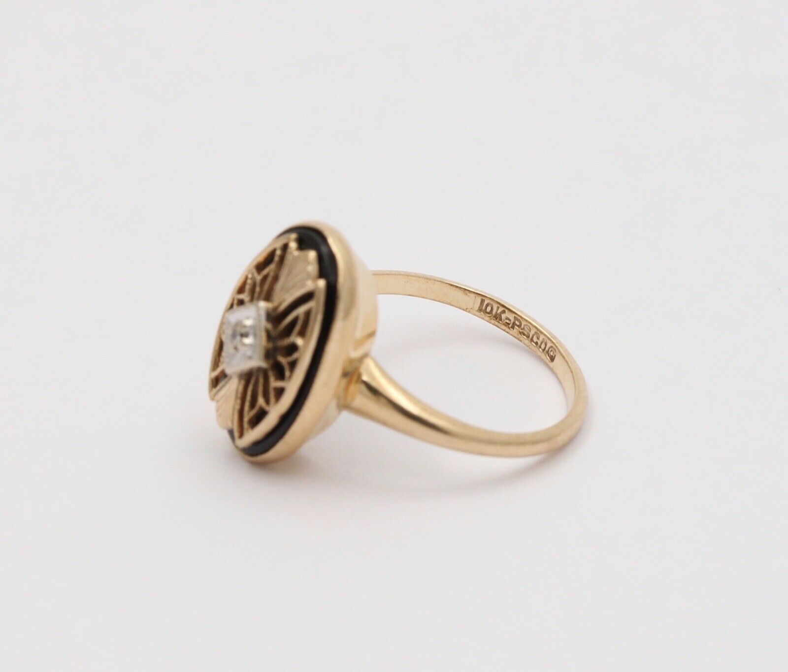 Art Deco PSCO Diamond Onyx 10K Yellow white Gold Ring