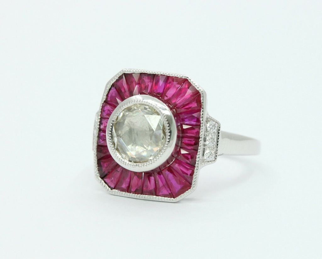 Beautiful Art Deco Style 18K White Gold Diamond Rubies Engagement Ring