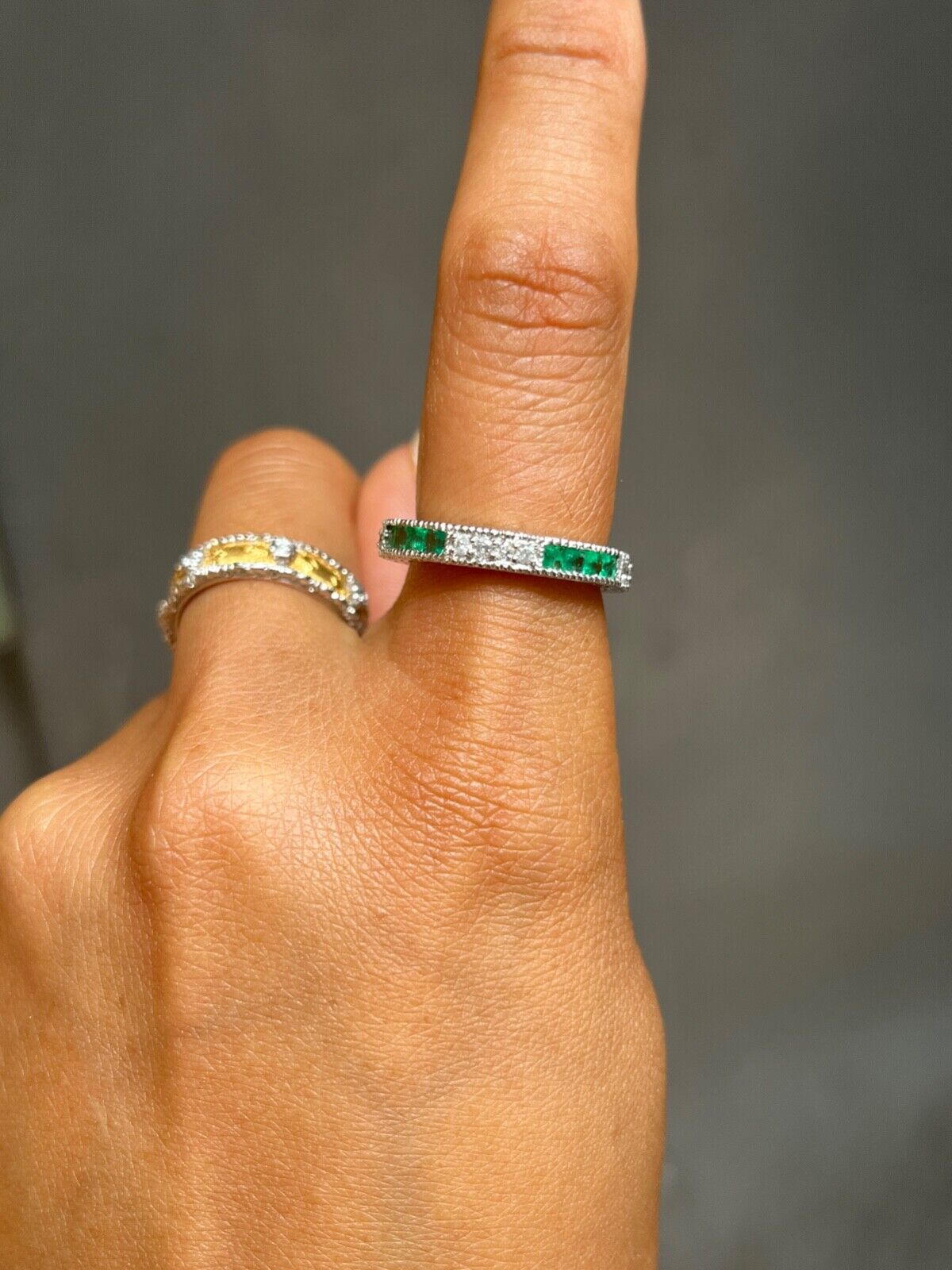 Gorgeous 14K White Gold Emerald & Diamond Half Eternity Ring Band, Wedding Band.