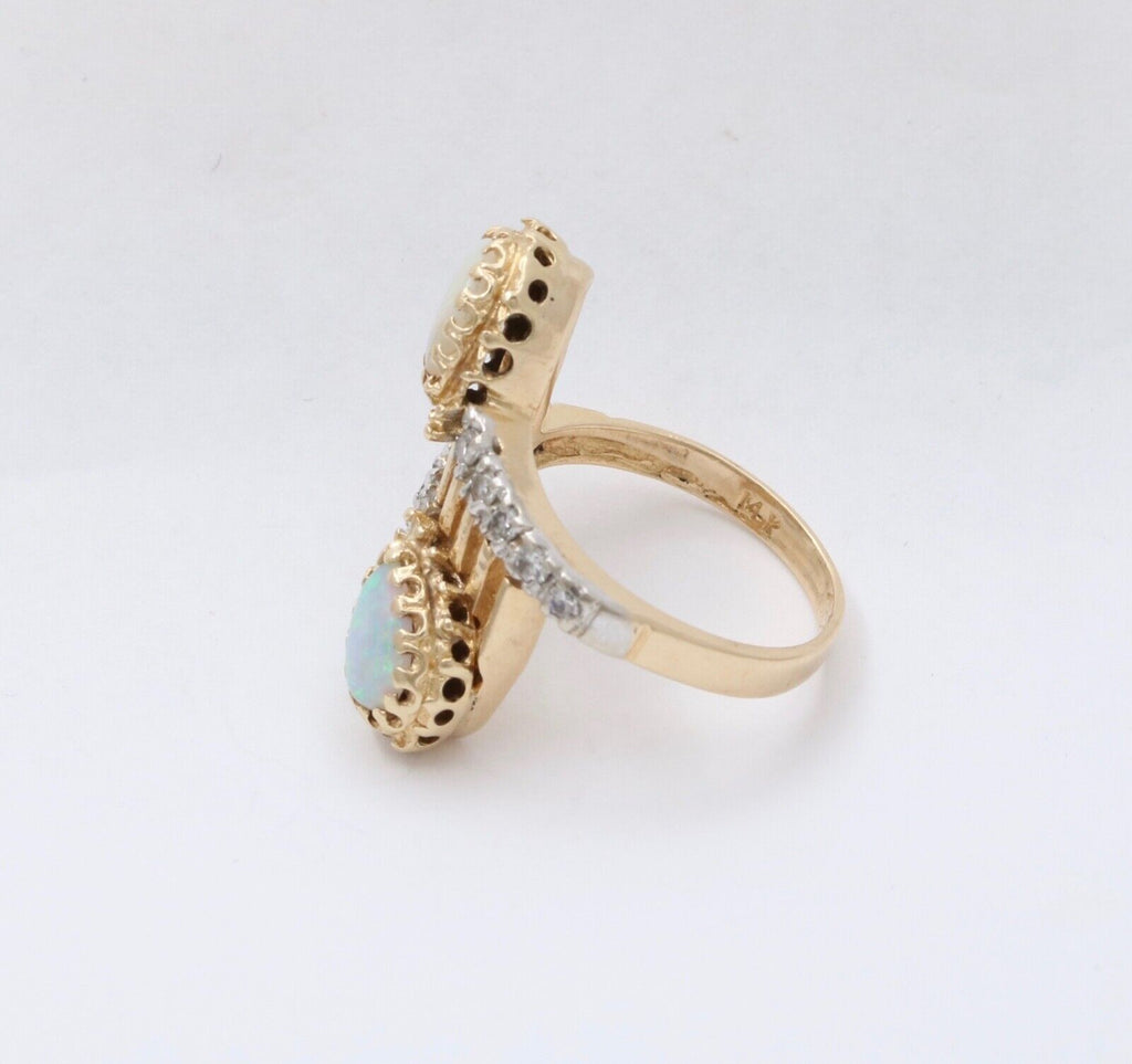 Vintage Geometric Bypass Opal Diamonds 14K Yellow Gold Ring