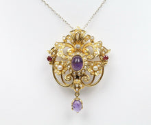 Load image into Gallery viewer, Victorian Ladies Brooch Pin Pendant Rubies Tourmaline Seed Pearls Amethyst
