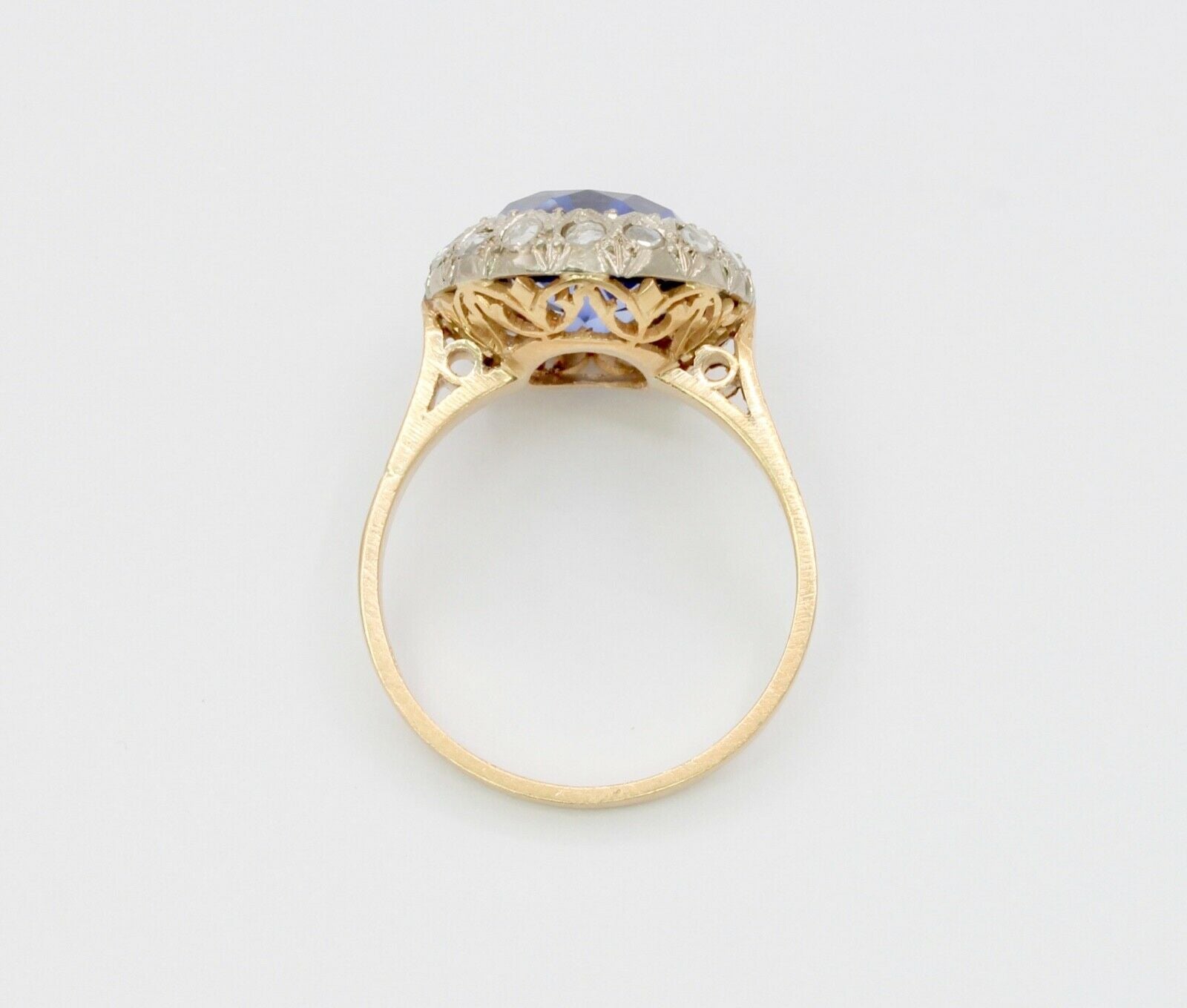 Victorian 18K Yellow Gold Rose Cut Diamond Sapphire Cocktail Ring