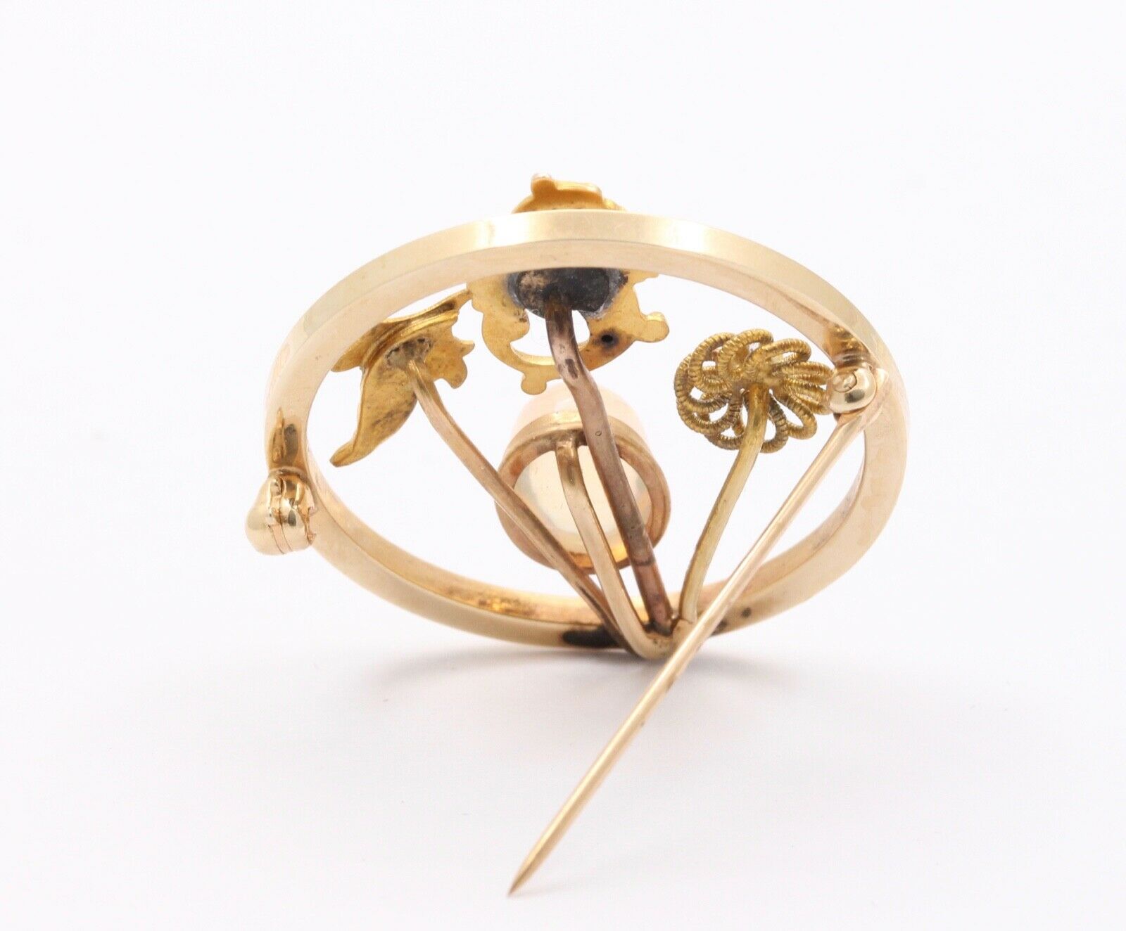 Art Nouveau 14K Yellow Gold Translucent Opal Diamond Seed Pearls Converted Brooch Pin